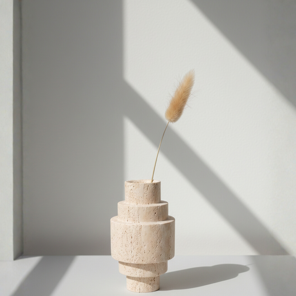 Beige Travertine Floor Vase – Geometric Modern Design