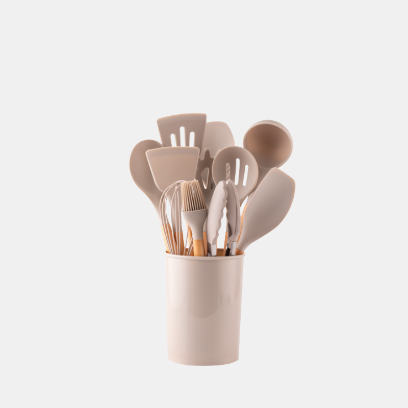 12-Piece Silicone Cooking Utensils Set with Bamboo Handles for Kitchen-Kitchen Utensils-Unique Casa-Beige-Unique Casa