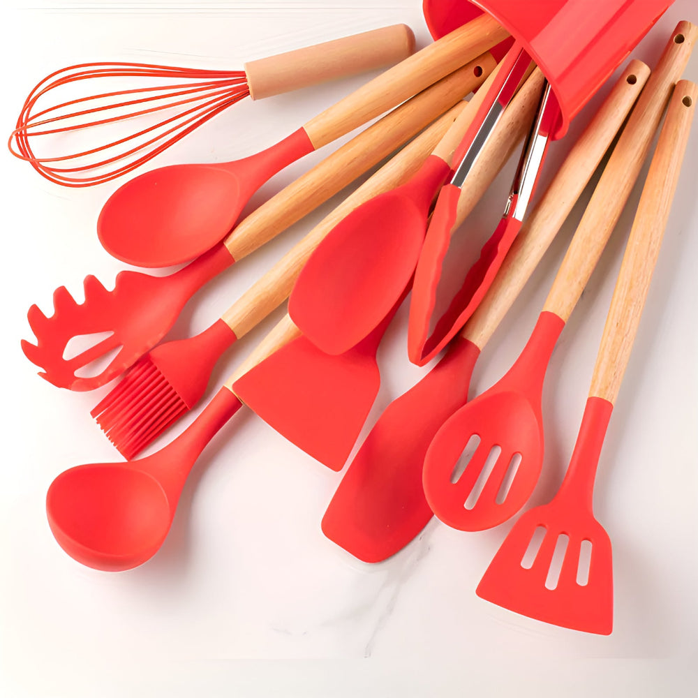12-Piece Silicone Cooking Utensils Set with Bamboo Handles for Kitchen 5