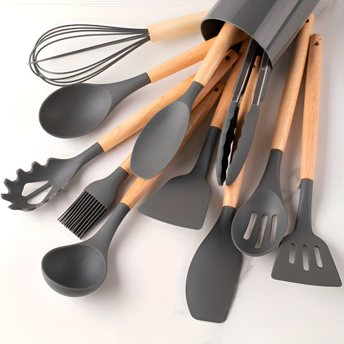 12-Piece Silicone Cooking Utensils Set with Bamboo Handles for Kitchen 1
