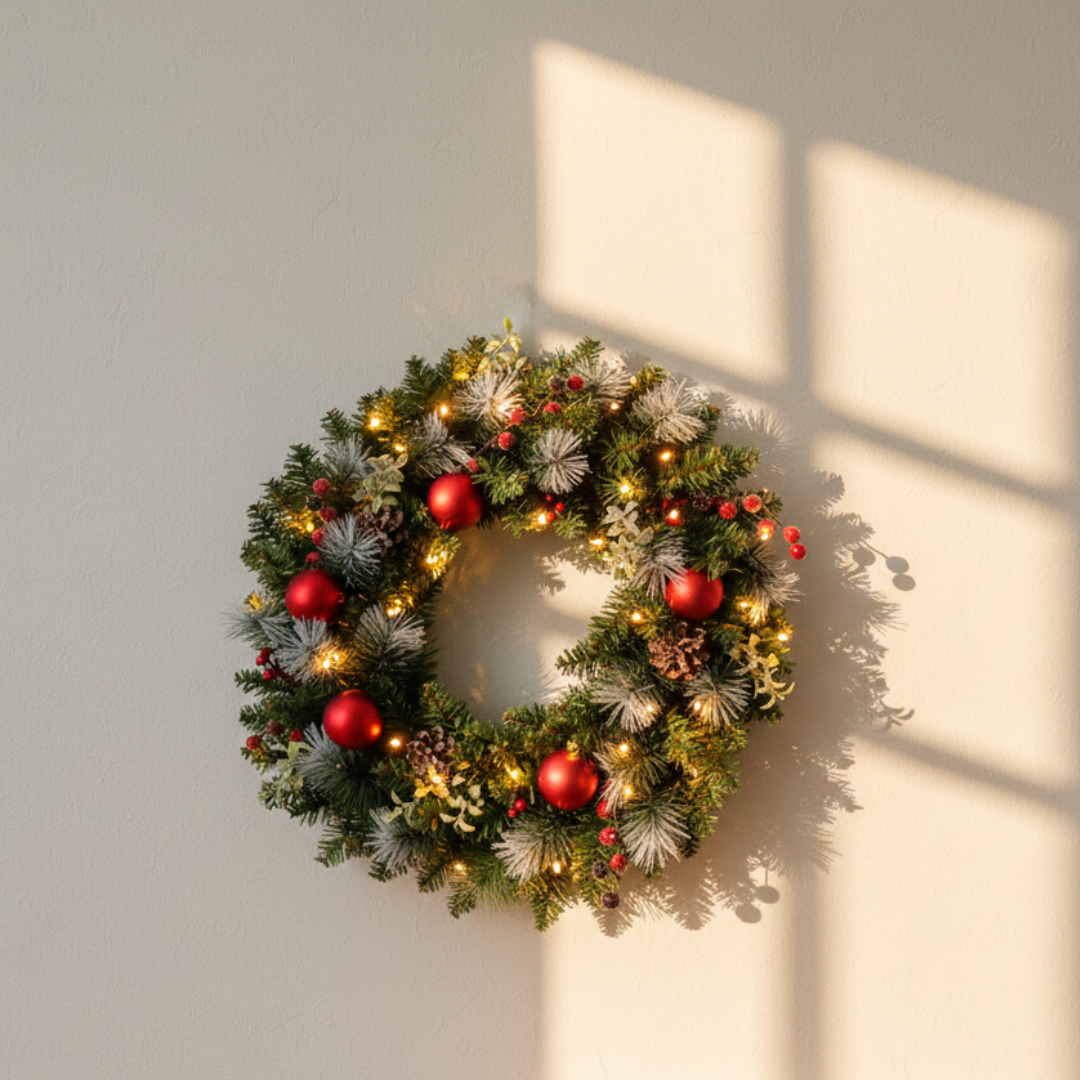 Illuminated Christmas Door Wreath with 20 Lights – Festive Holiday Decor