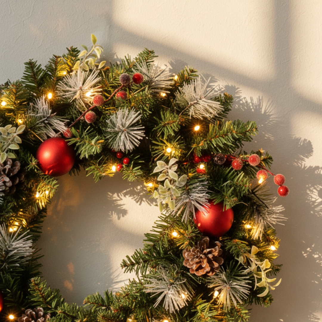 Illuminated Christmas Door Wreath with 20 Lights – Festive Holiday Decor