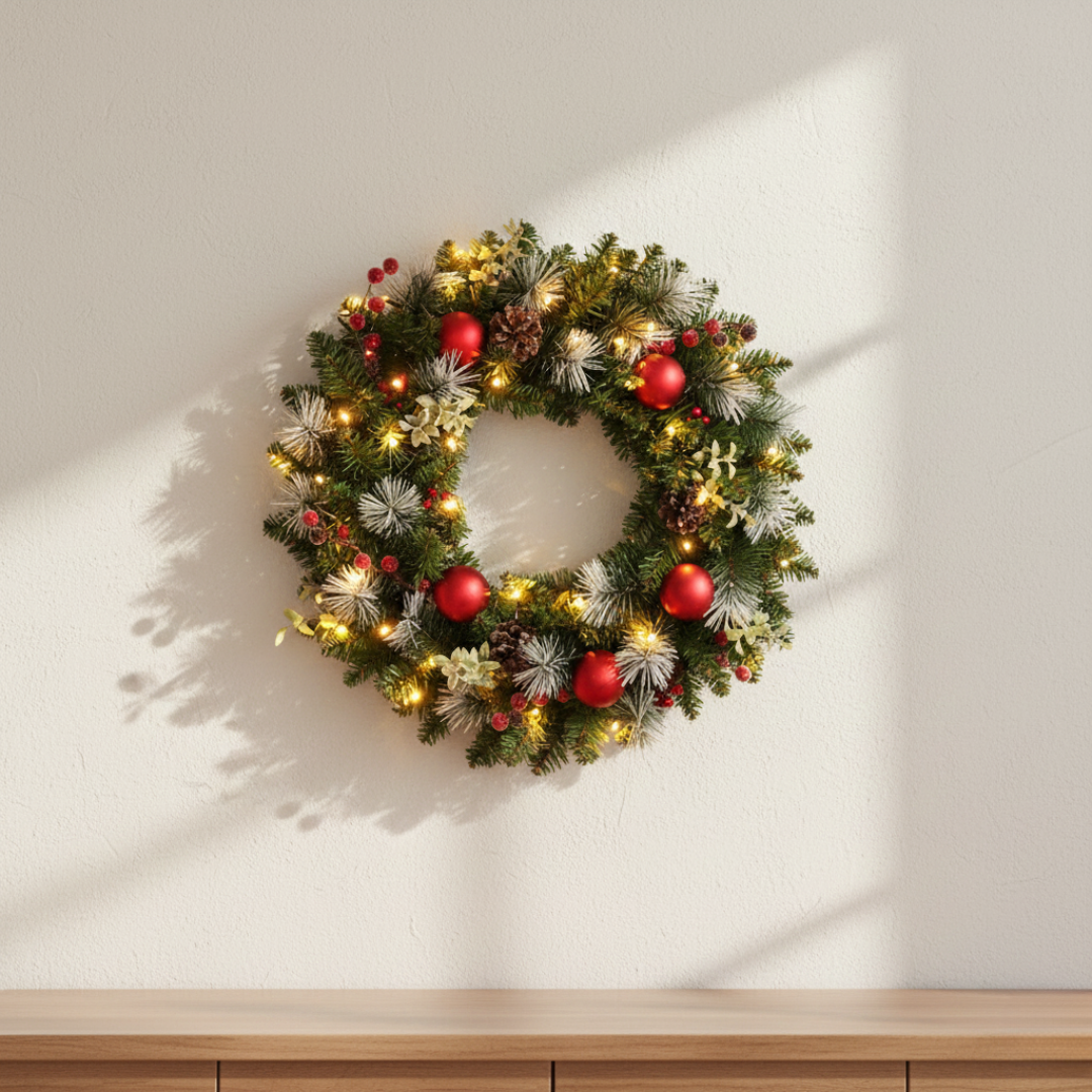 Illuminated Christmas Door Wreath with 20 Lights – Festive Holiday Decor