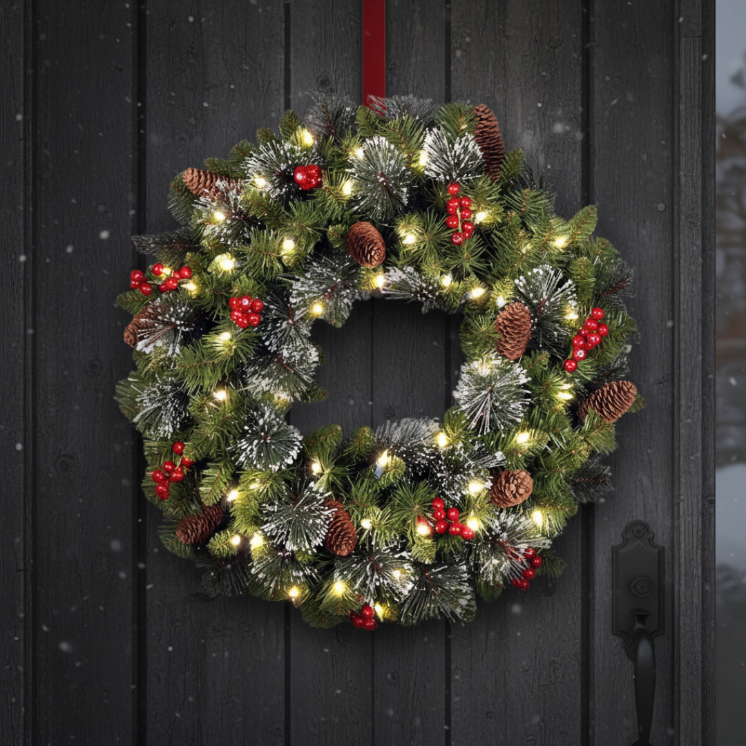 Artificial Christmas Wreath with Warm Lights – Festive Door Decor for Holidays