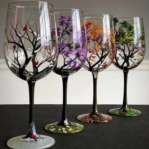 Four Seasons Tree Wine Glasses Hand-Painted Artistic Design For Elegant Sipping-Glassware-Unique Casa-Unique Casa