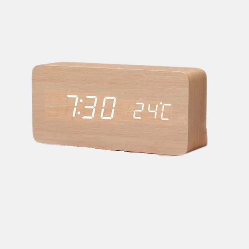 Smart Digital Alarm Clock with LED Display – Wooden Design for Bedroom