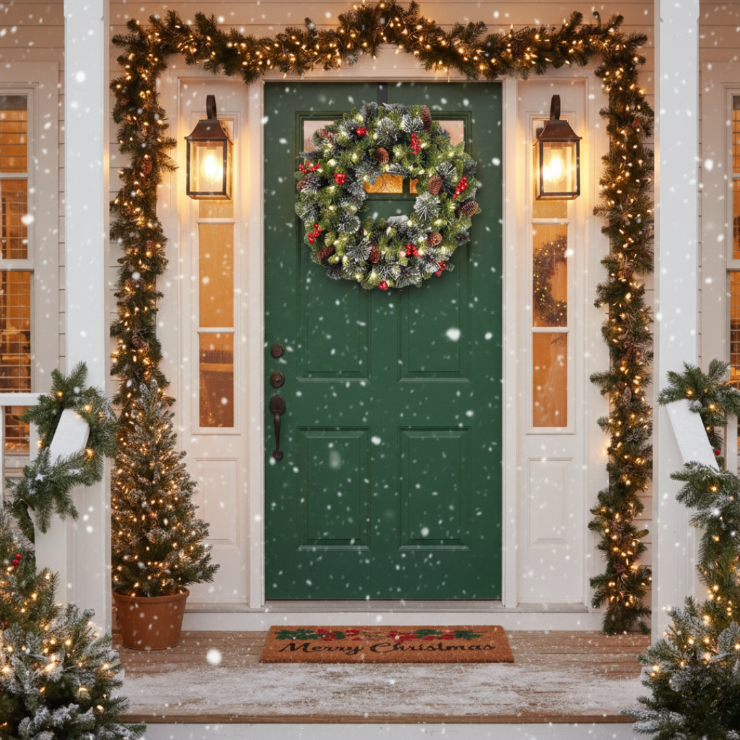 Artificial Christmas Wreath with Warm Lights – Festive Door Decor for Holidays