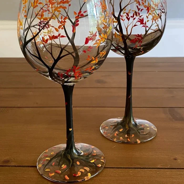 Four Seasons Tree Wine Glasses Hand-Painted Artistic Design For Elegant Sipping-Glassware-Unique Casa-Summer-Glass with stem-Unique Casa
