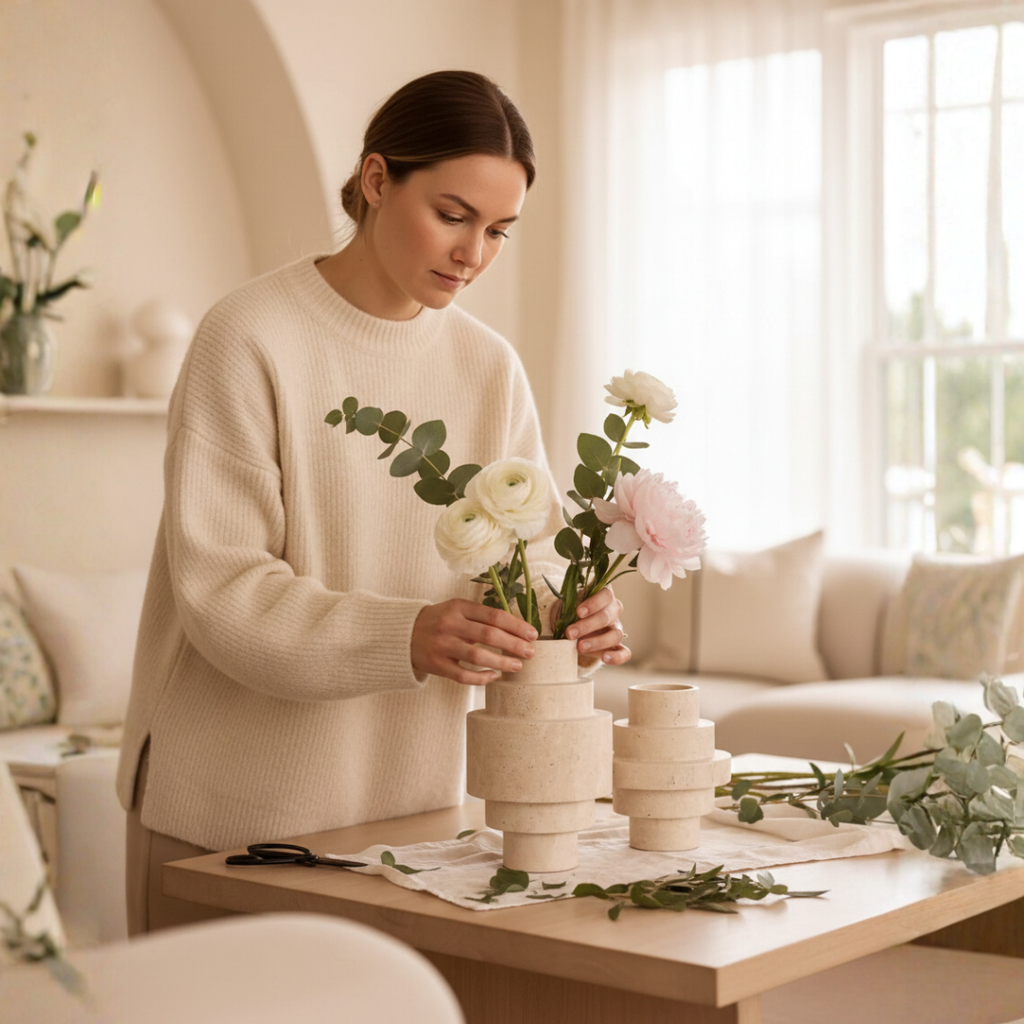 Beige Travertine Floor Vase – Geometric Modern Design