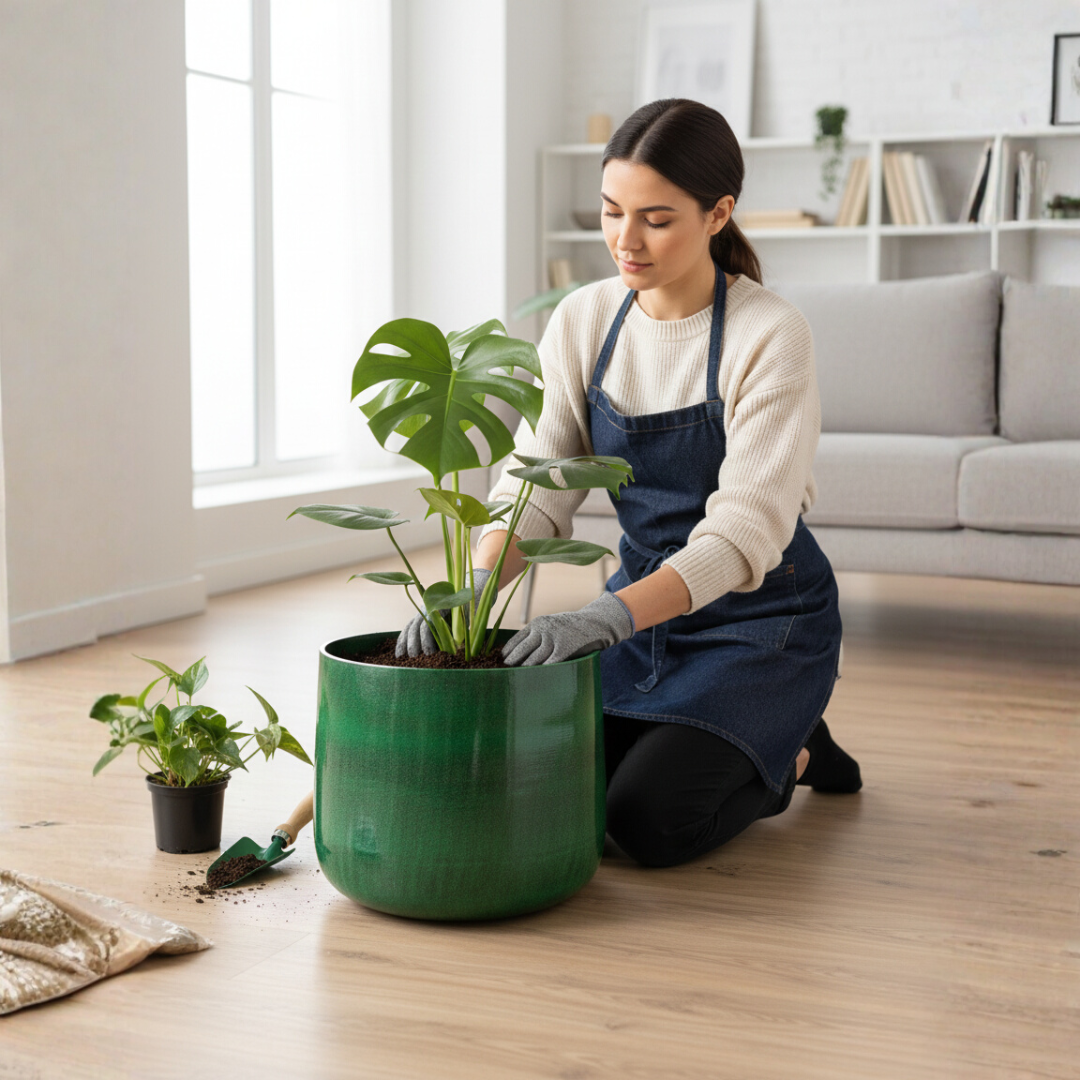 Dark Green Metal Flower Pot – Industrial Style Planter