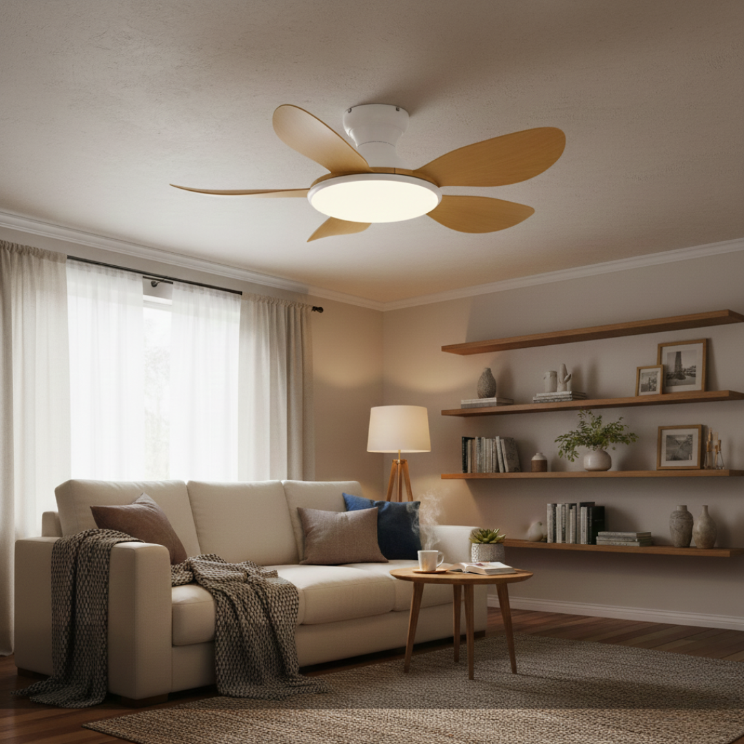 Stylish Ceiling Fan with Dimmable LED Light – Modern Wooden Leaf Design