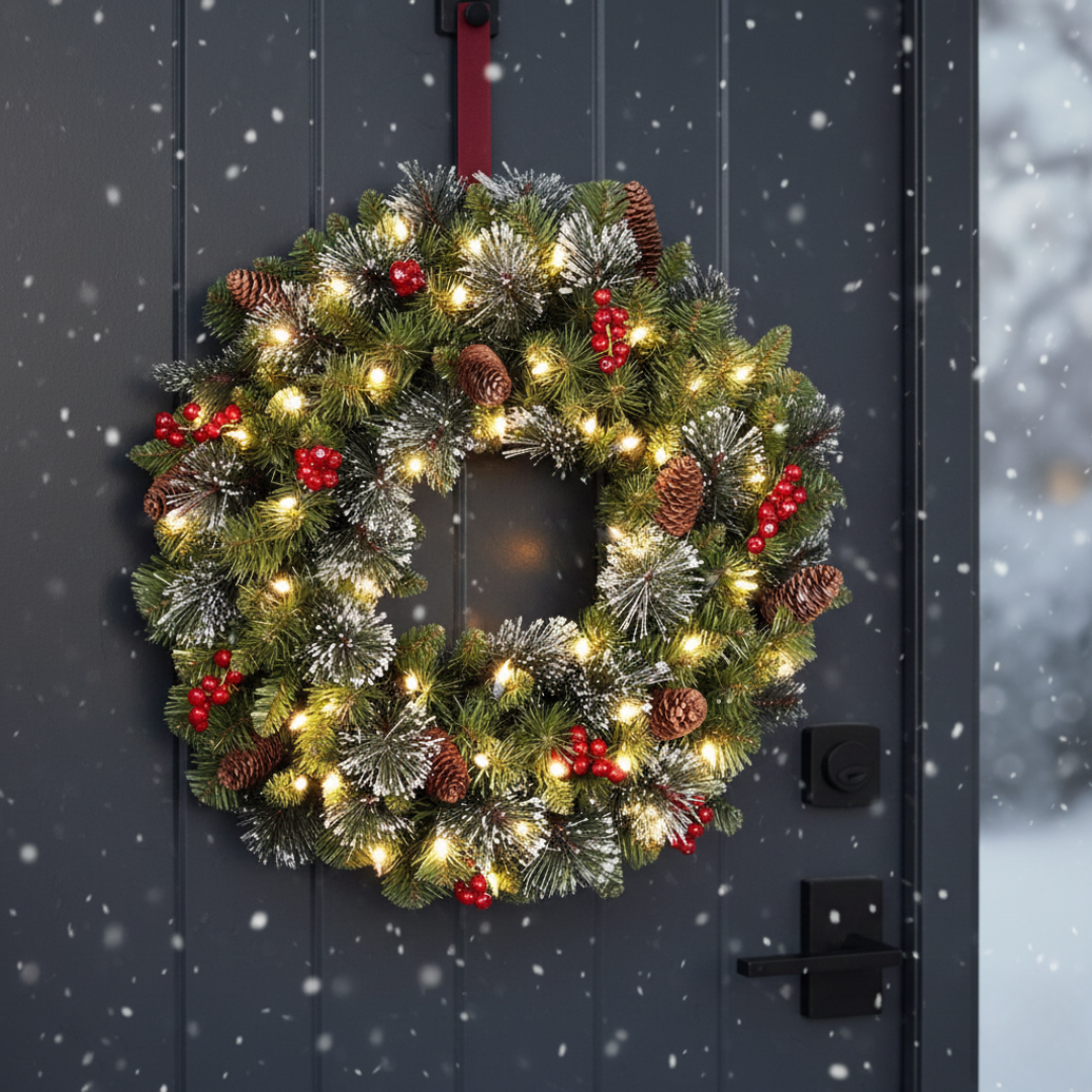 Artificial Christmas Wreath with Warm Lights – Festive Door Decor for Holidays
