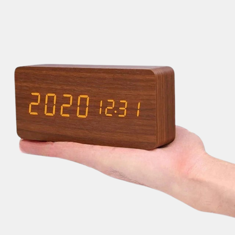 Smart Digital Alarm Clock with LED Display – Wooden Design for Bedroom
