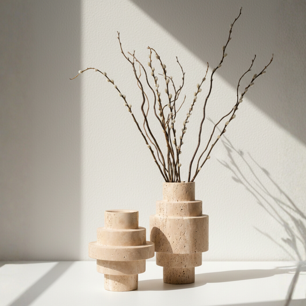 Beige Travertine Floor Vase – Geometric Modern Design