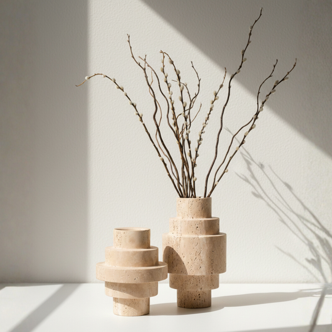 Beige Travertine Floor Vase – Geometric Modern Design