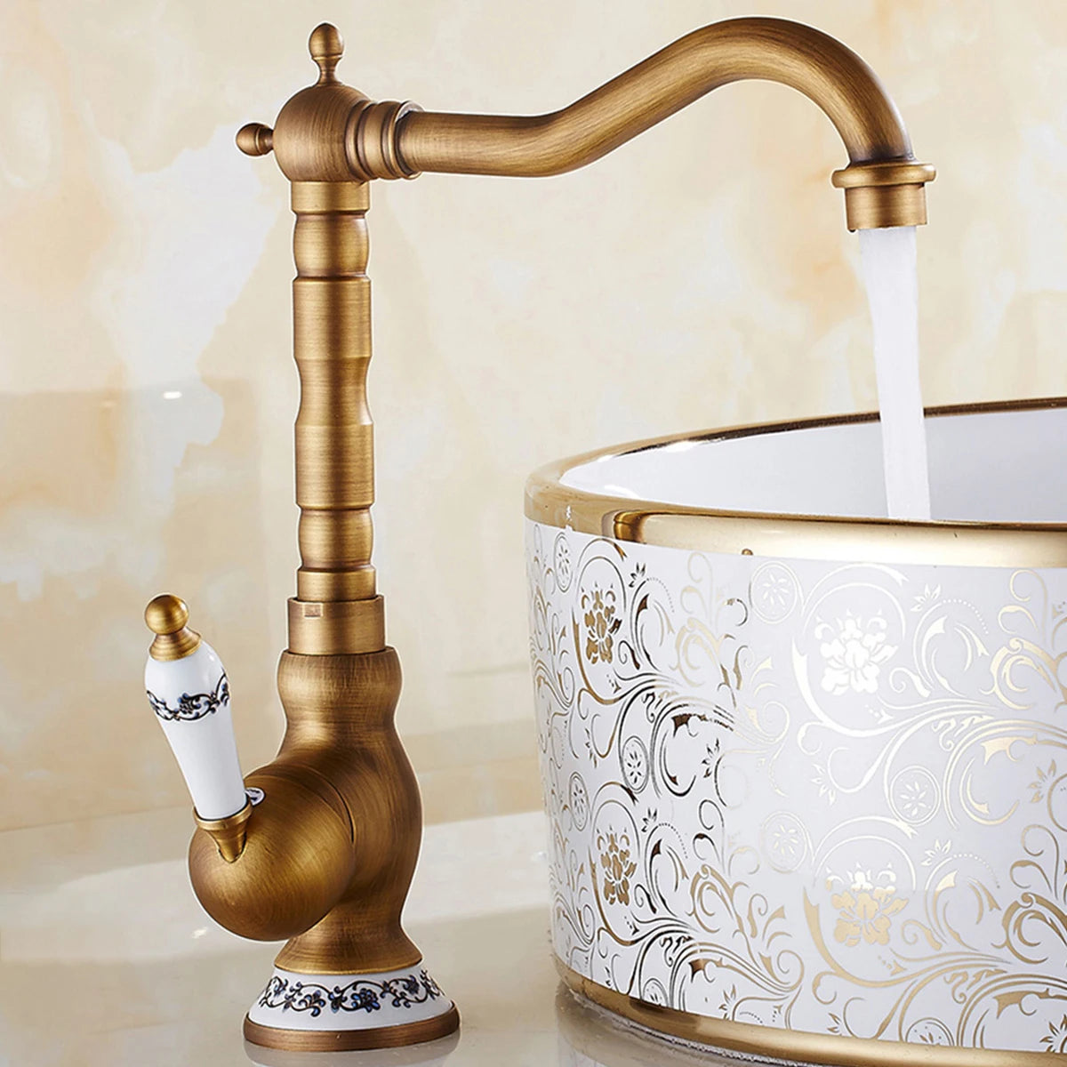 Antique Brass Kitchen Faucet with Ceramic Lever – 360° Rotating Mixer Tap 1