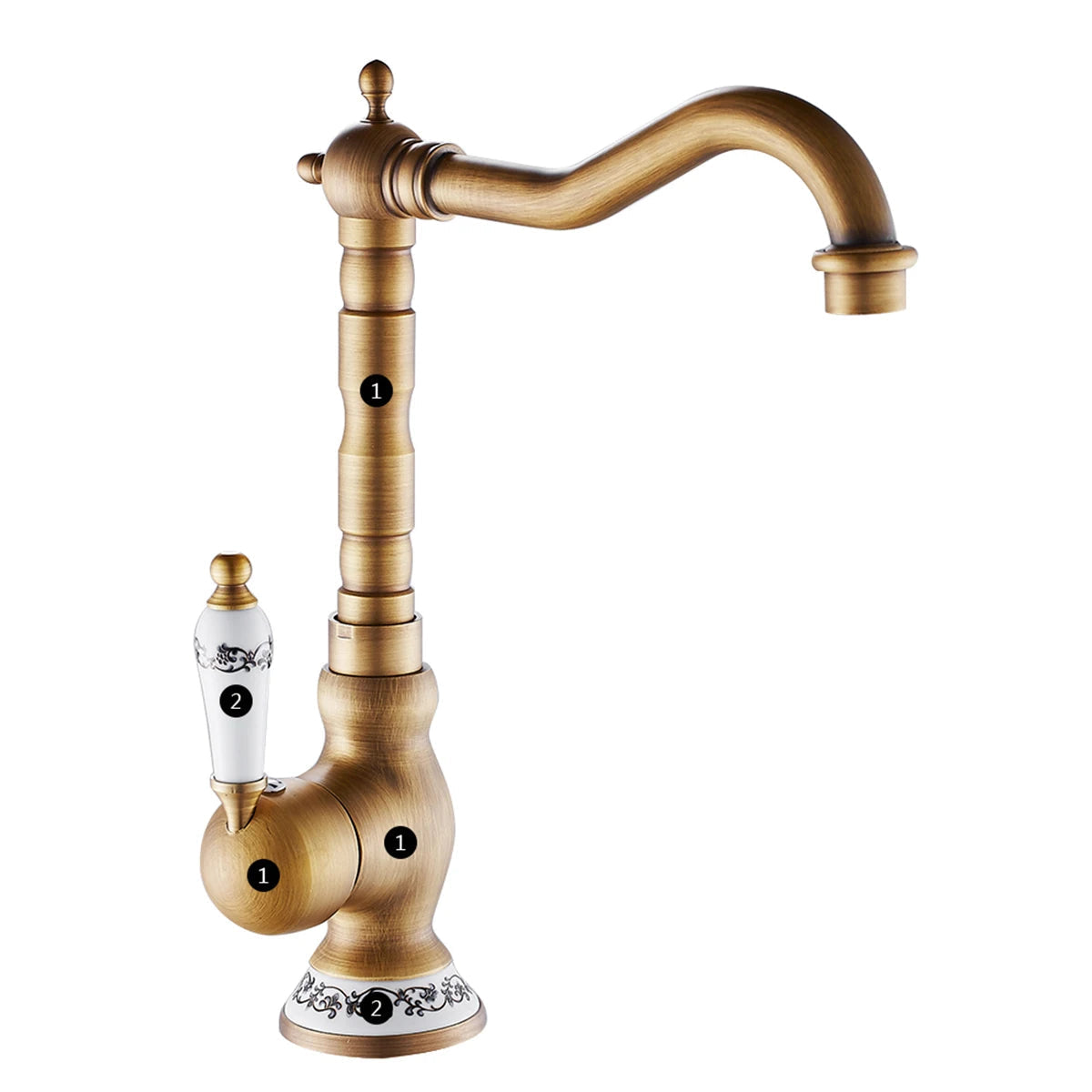 Antique Brass Kitchen Faucet with Ceramic Lever – 360° Rotating Mixer Tap 3