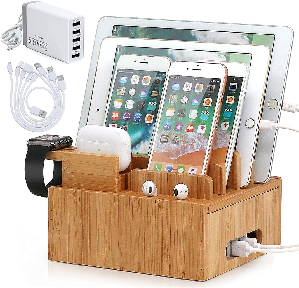Bamboo USB Charging Station - 5-Port Organizer with Cable Set for Smartphones, Tablets & Wearables