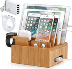 Bamboo USB Charging Station - 5-Port Organizer with Cable Set for Smartphones, Tablets & Wearables
