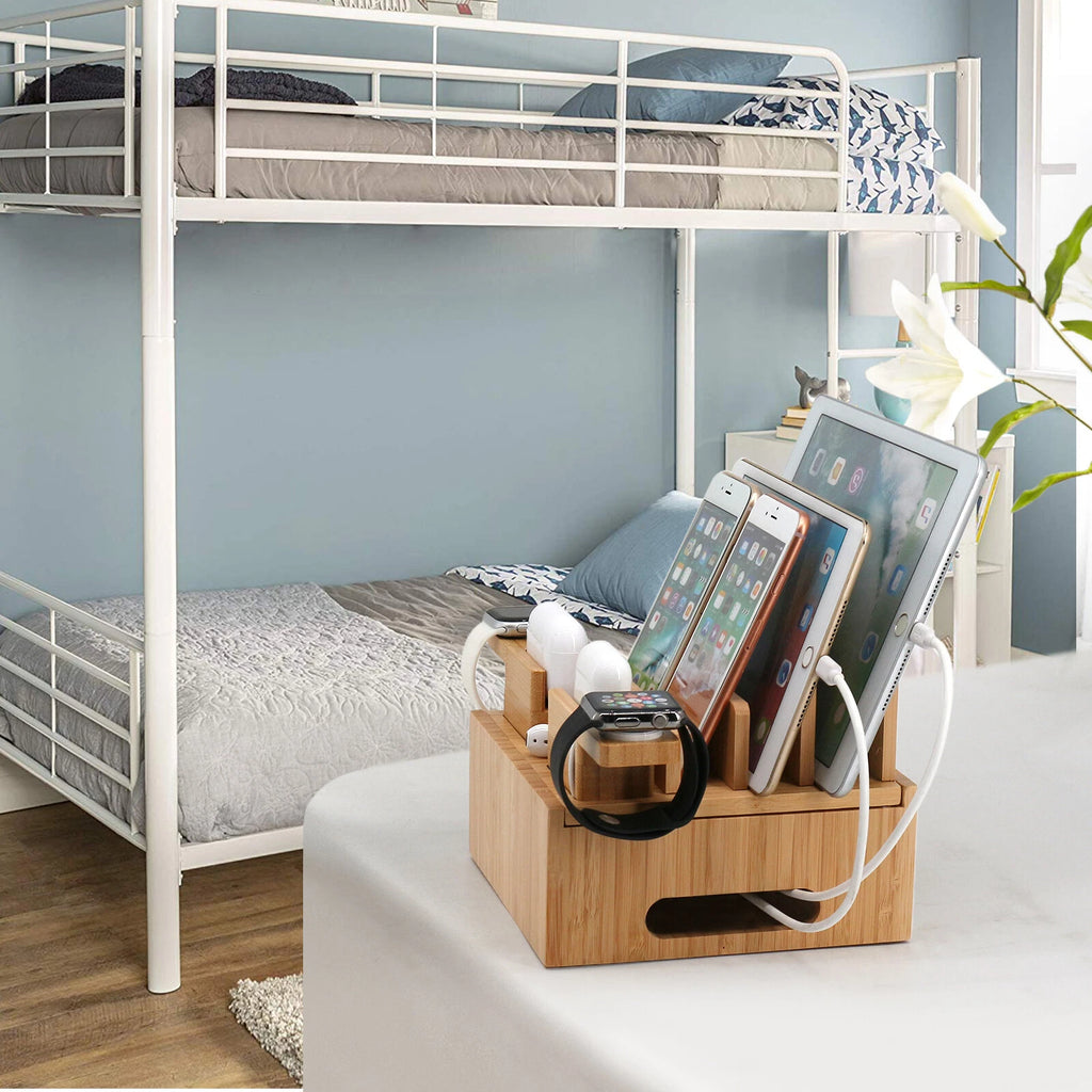 Bamboo USB Charging Station - 5-Port Organizer with Cable Set for Smartphones, Tablets & Wearables