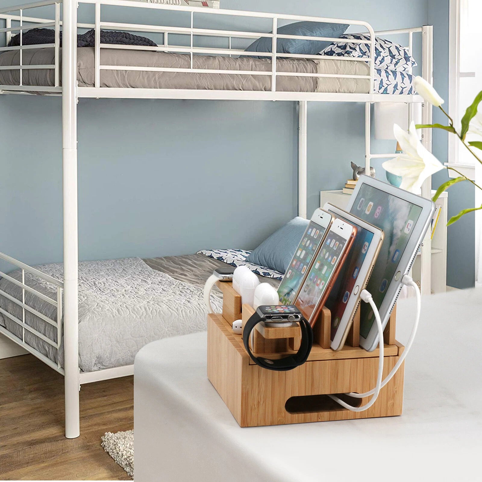 Bamboo USB Charging Station - 5-Port Organizer with Cable Set for Smartphones, Tablets & Wearables