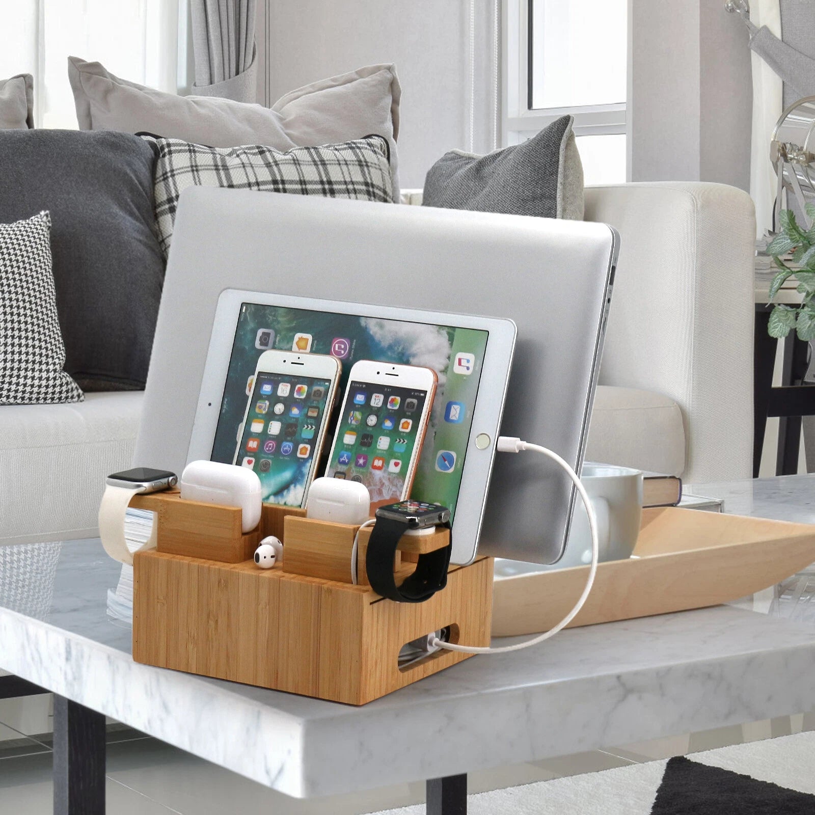 Bamboo USB Charging Station - 5-Port Organizer with Cable Set for Smartphones, Tablets & Wearables