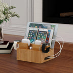 Bamboo USB Charging Station - 5-Port Organizer with Cable Set for Smartphones, Tablets & Wearables