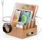 Bamboo USB Charging Station - 5-Port Organizer with Cable Set for Smartphones, Tablets & Wearables