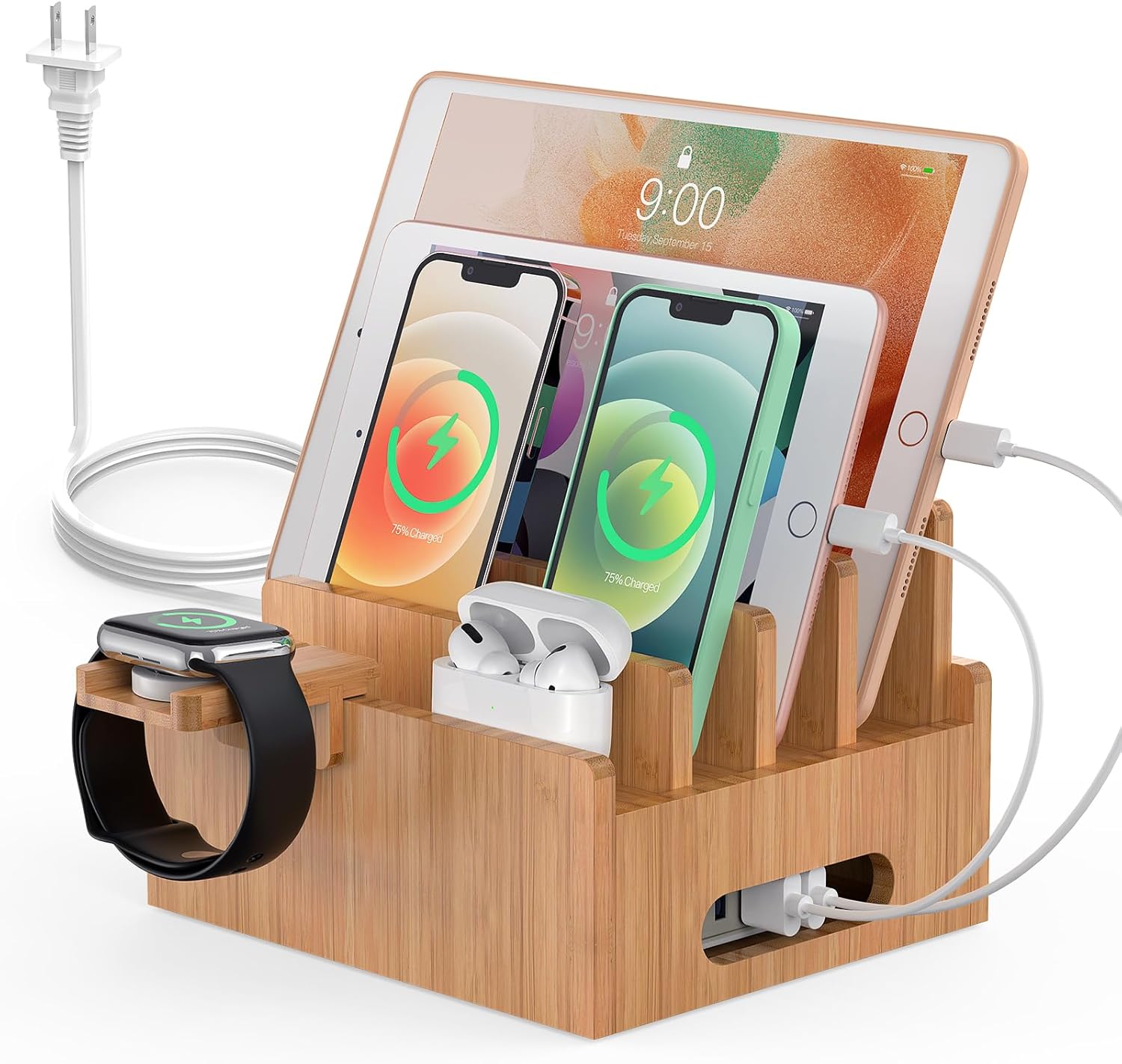 Bamboo USB Charging Station - 5-Port Organizer with Cable Set for Smartphones, Tablets & Wearables