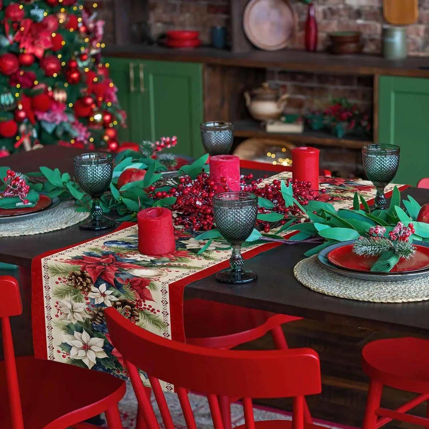 Christmas Table Runner – Linen Poinsettia Design for Holiday Dining Decor 5