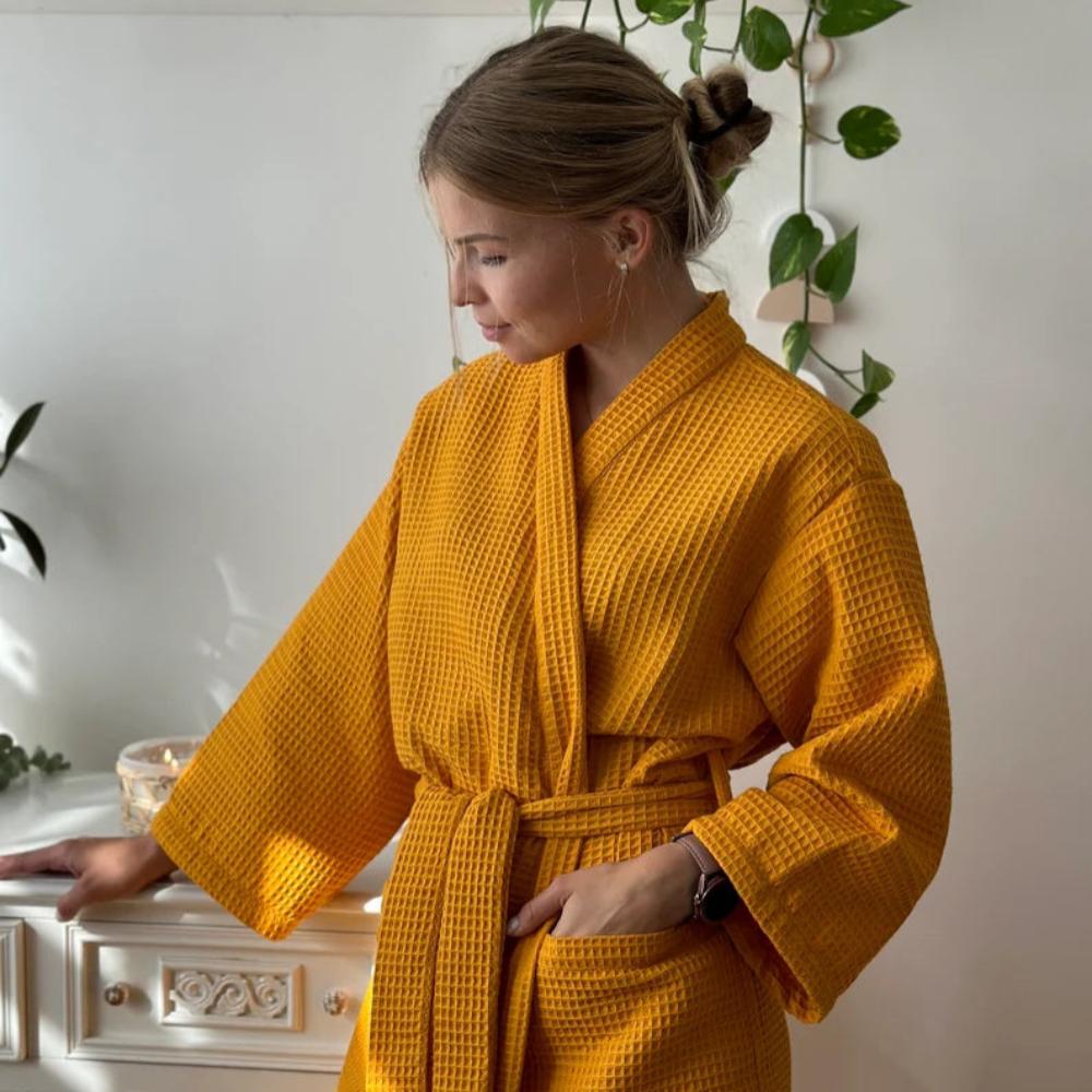 Cotton Waffle Bathrobe for Women – Lightweight V-Neck Dressing Gown with Pockets 1