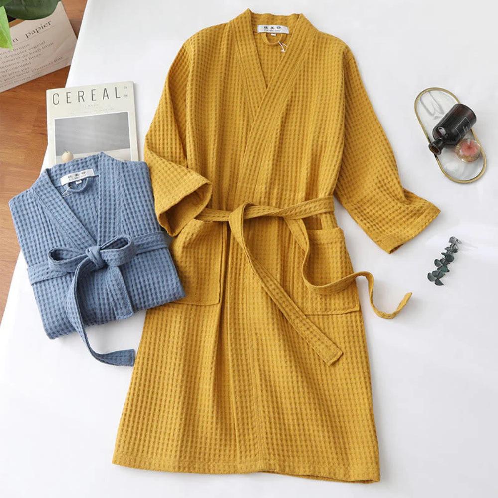 Cotton Waffle Bathrobe for Women – Lightweight V-Neck Dressing Gown with Pockets 3