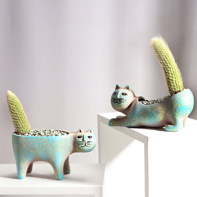Cute Cat Ceramic Planters - Durable Glazed Material, Ideal for Succulents & Home Office Décor
