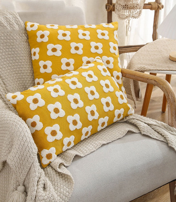 Daisy Embroidered Lumbar Pillow Cover – Springtime Floral Accent for Living Room or Bedroom