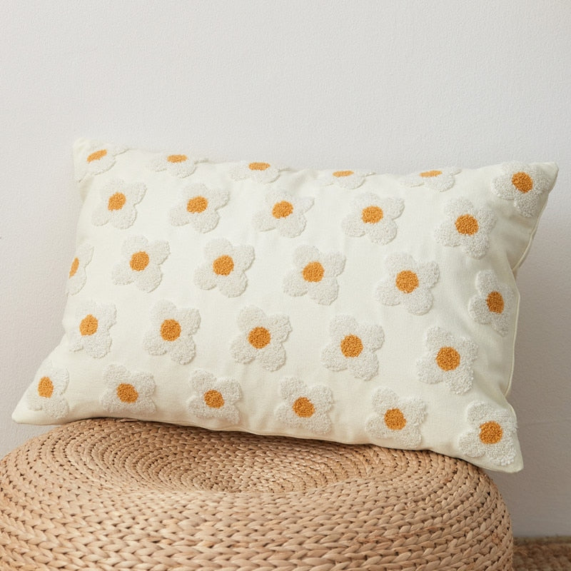 Daisy Embroidered Lumbar Pillow Cover – Springtime Floral Accent for Living Room or Bedroom