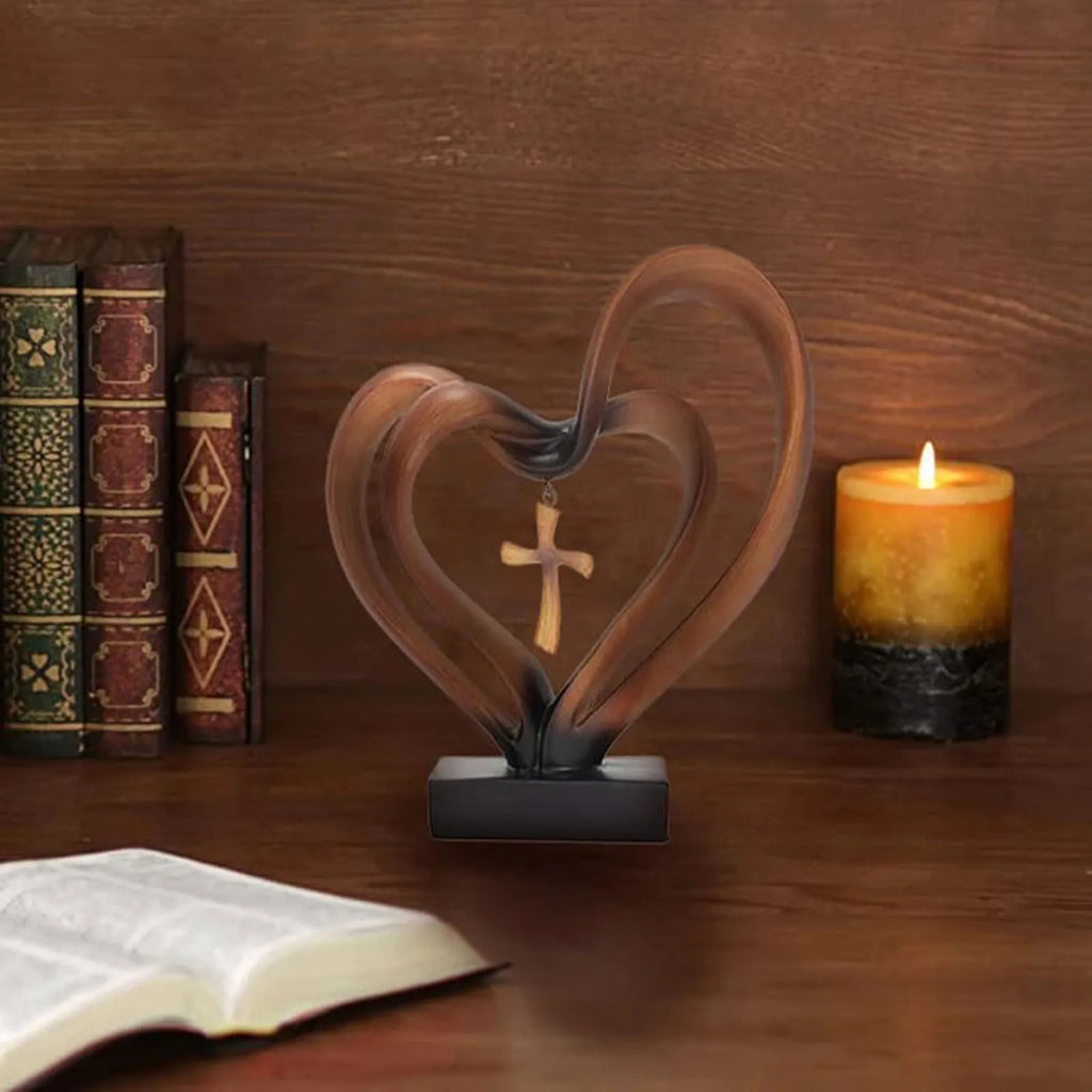 Entwined Heart & Cross Tabletop Sculpture – Decorative Table Accent for Weddings, Anniversaries & Gifts