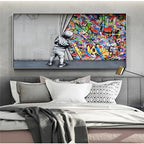 Graffiti Art Boy Behind the Curtain Canvas Wall Art – Modern Street Style Home Decor