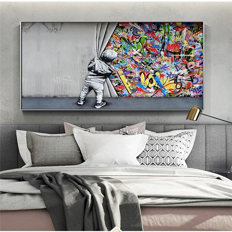 Graffiti Art Boy Behind the Curtain Canvas Wall Art – Modern Street Style Home Decor