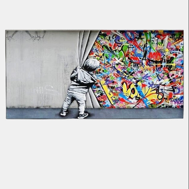 Graffiti Art Boy Behind the Curtain Canvas Wall Art – Modern Street Style Home Decor
