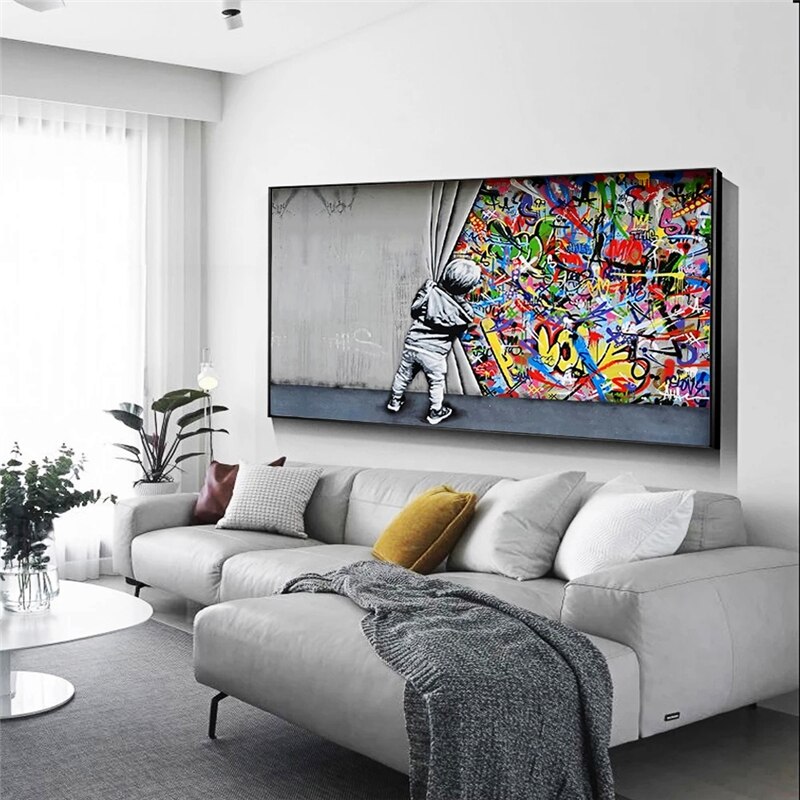 Graffiti Art Boy Behind the Curtain Canvas Wall Art – Modern Street Style Home Decor