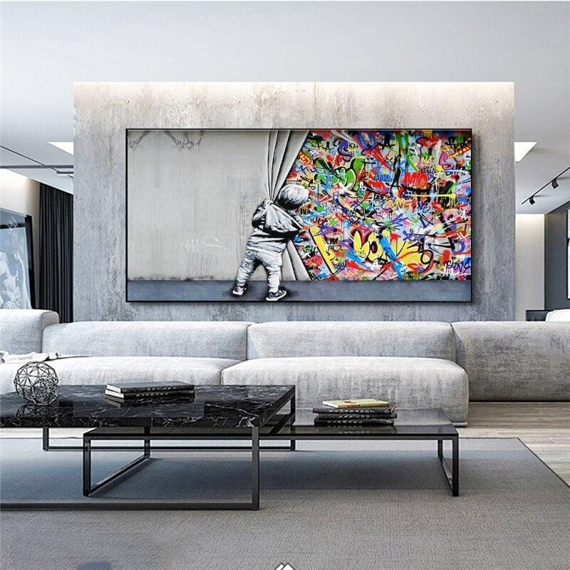 Graffiti Art Boy Behind the Curtain Canvas Wall Art – Modern Street Style Home Decor