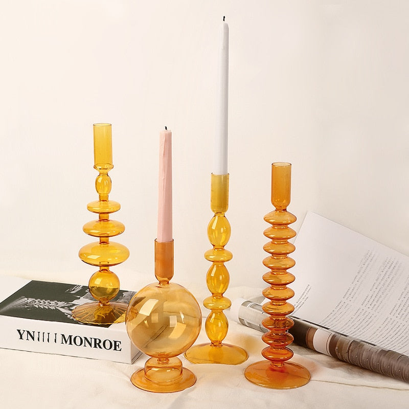 Orange Glass Candle Holders - Artistic, Modern Design for Tabletop or Mantel Display