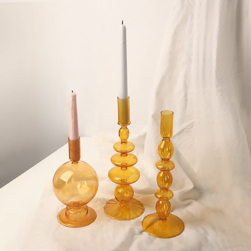 Orange Glass Candle Holders - Artistic, Modern Design for Tabletop or Mantel Display
