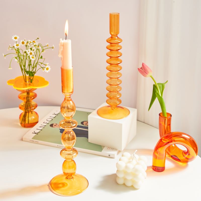 Orange Glass Candle Holders - Artistic, Modern Design for Tabletop or Mantel Display