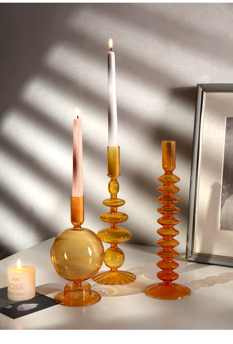 Orange Glass Candle Holders - Artistic, Modern Design for Tabletop or Mantel Display