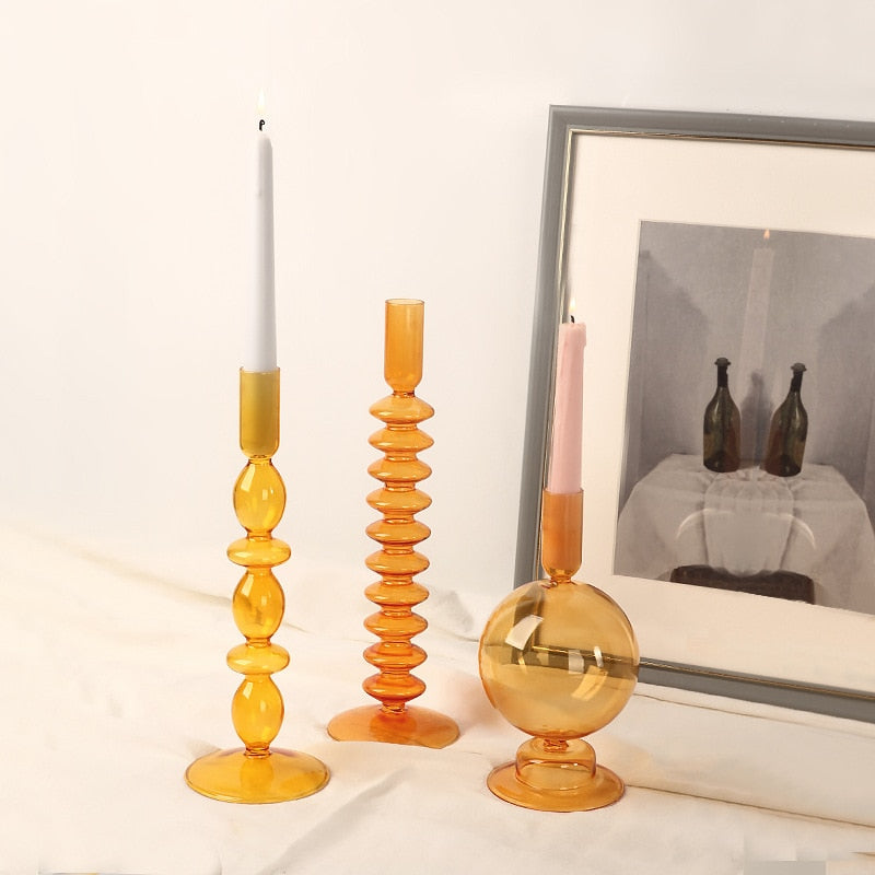 Orange Glass Candle Holders - Artistic, Modern Design for Tabletop or Mantel Display