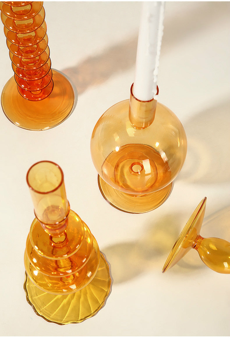 Orange Glass Candle Holders - Artistic, Modern Design for Tabletop or Mantel Display