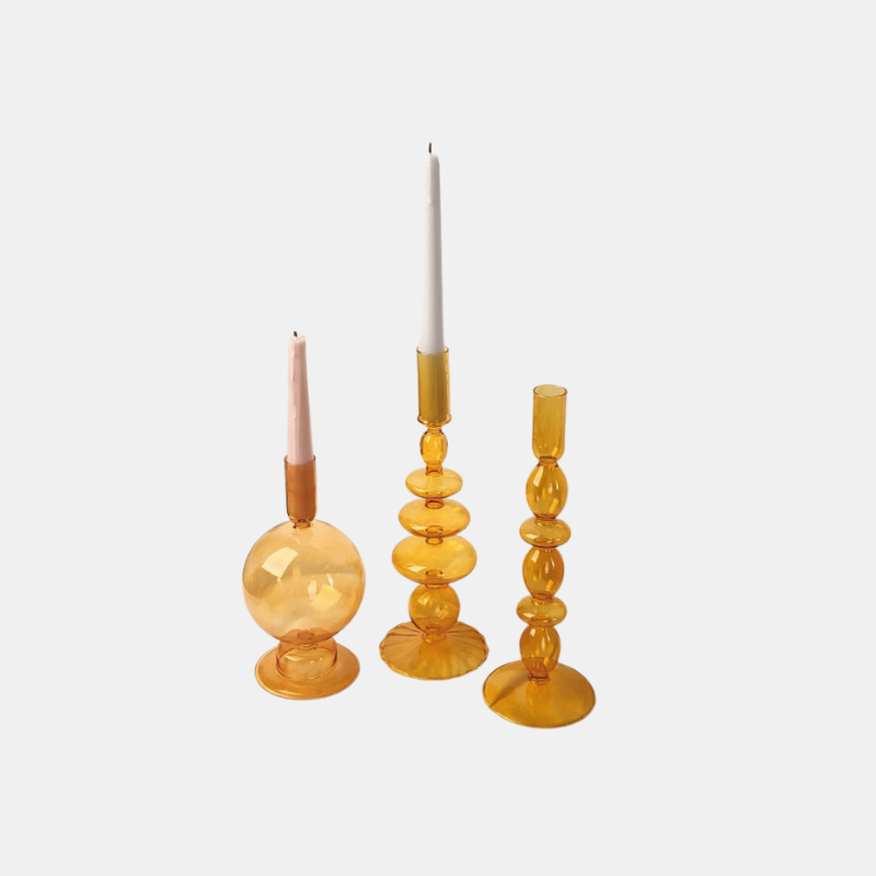 Orange Glass Candle Holders - Artistic, Modern Design for Tabletop or Mantel Display