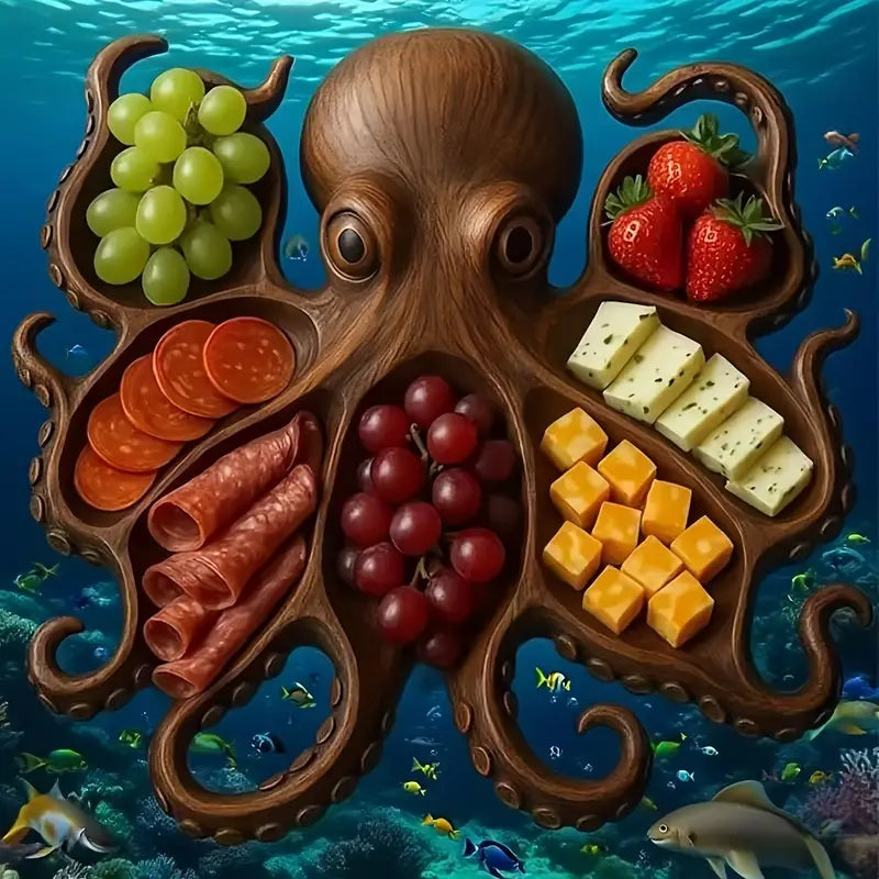 Rustic Octopus Charcuterie Platter – Unique Wooden Serving Board for Snacks