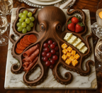 Rustic Octopus Charcuterie Platter – Unique Wooden Serving Board for Snacks